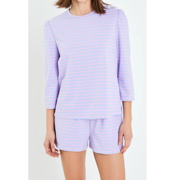 English Factory Women's Size S Lavender Pink Striped Puff Sleeve Breton Tee NWT - Picture 1 of 13